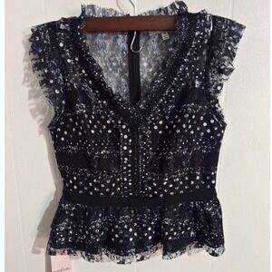 NWT Boutique Adelyn Rae Peplum Top M Black White Mesh Polka Dot Ruffle Sleeve